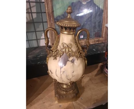 LARGE BRONZE &amp; MARBLE SWAN HANDLED URN 45CMS (H)