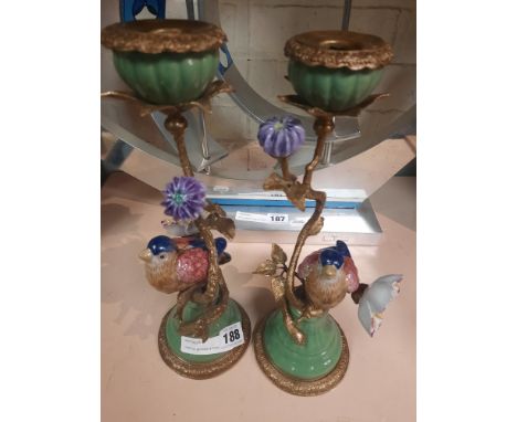 PAIR OF BRONZE &amp; PORCELAIN BIRD CANDLESTICKS 30CM (H)