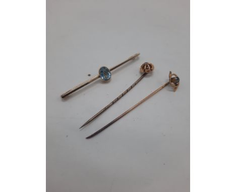 15CT GOLD AQUAMARINE &amp; DIAMOND PIN BROOCH &amp; 2 TIE PINS