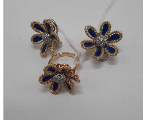 18CT GOLD DIAMOND &amp; ENAMEL EARRINGS &amp; RING 19.5 GRAMS TOTAL - APPROX