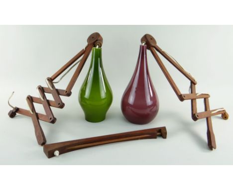 SMALL MID-CENTURY PAIR OF SCANDINAVIAN TEAK &amp; GLASS SCISSOR WALL LIGHTS, colour-cased teardrop shades, cork plugs stamped