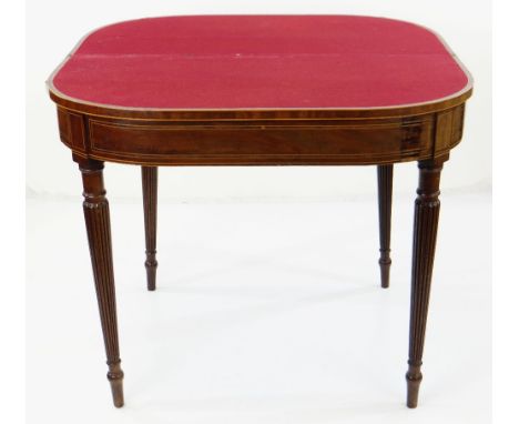 GEORGE III MAHOGANY ROSEWOOD CROSSBANDED &amp; BOXWOOD STRUNG CARD TABLE, of D-form with double gate leg action, with tablet 