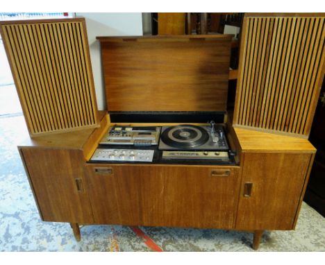 BESPOKE TEAK HI-FI CABINET fitted with Marantz amp, JVC cassette deck, Lenco turntable ETC and pair of encased speakers, beli