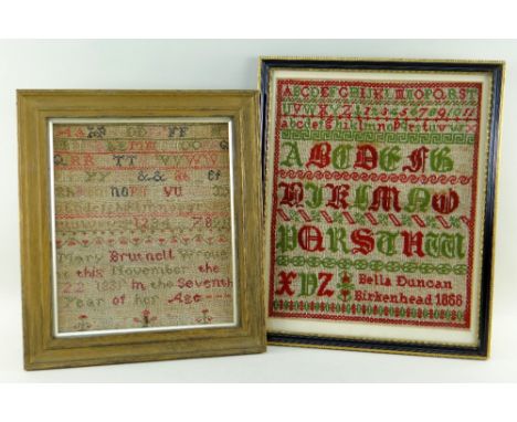 TWO VICTORIAN SAMPLERS, comprising a needlework sampler by Mary Brutnel, aged 7, dated 1839, 28 x 24cm, and a woolwork sample