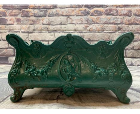 VICTORIAN-STYLE CAST IRON PLANTER, decorated with floral swags and song birds in oval cartouche, 50 x 30cms