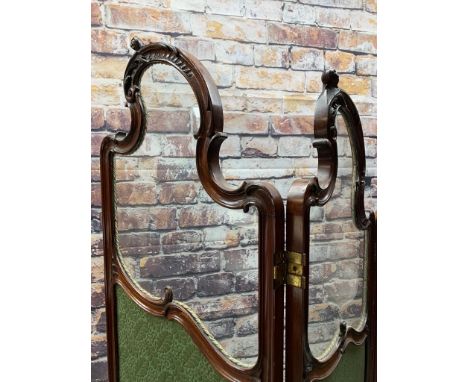 VICTORIAN MAHOGANY ROCOCO-REVIVAL DRESSING SCREEN, three graduated folding leaves with glazed top sections above inset green 