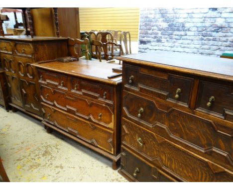 MODERN JACOBEAN-STYLE OAK FURNITURE comprising small geometric carved trunk, similar side cabinet, two chests and small coffe