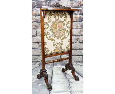 EARLY VICTORIAN ROSEWOOD FIRESCREEN, in the style of Gillows of Lancaster, with rectangular rise and fall later-upholstered s