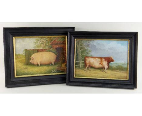 MODERN BRITISH SCHOOL oil on canvas, a pair - portrait of a prize cow and portrait of a prize pig in the 18th Century style, 