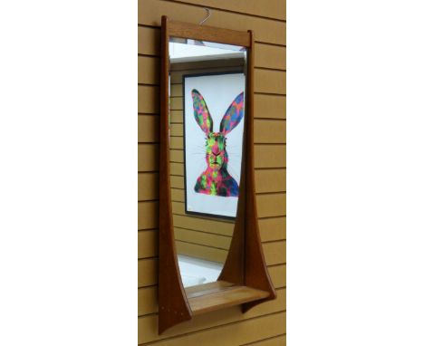 PEDERSON & HANSEN: MID-CENTURY DANISH TEAK WALL MIRROR, 114 x 44 x 17cmsLarge water stain on shelf. No other damage or marks.