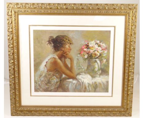 JOSE ROYO limited edition (AP39/50) serigraph - Pensitiva, a girl by a table with flowers, signed and numbered in pencil, (I)