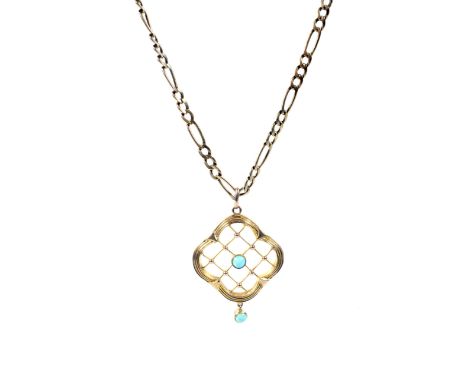An early 20th century gold and turquoise open quatrefoil pendant and chain. The central open lattice centred with a small cab