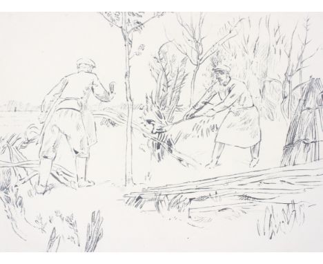 Thomas Barclay Hennell (1903-1945), ink sketch. Depicting the English Rural country side pictures, Hedge laying, two figures 