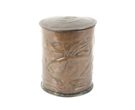 Newlyn School- an unusual embossed cylindrical tea caddy. Marked 'Tea' to top with rivet and fish decoration, tin lined withi
