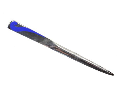 A silver and enamel letter opener. Of tapering design decorated with a blue enamelled scroll, mark of Erica Sharpe, London mi