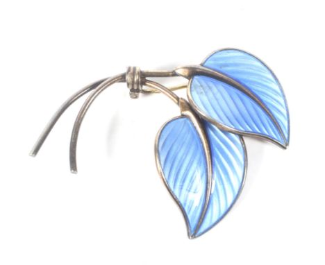 A Norwegian 'Sterling' and pale-blue guilloche enamel twin leaf and stem brooch. Marked '925S Sterling' & 'Made in Norway' wi