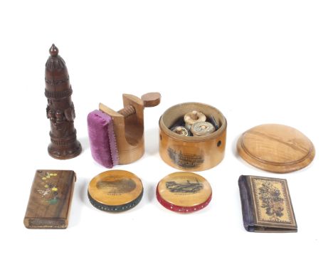 An assortment of Tunbridge/Mauchlin. To include pin wheels, needle keeps, black forest bobbin holder, sewing clamps, etc