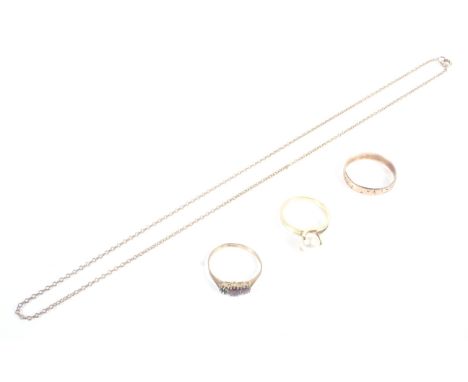 Three gold rings and a necklace. Comprising; a 9ct rose gold floral engraved broad wedding band, hallmarks for Birmingham 193