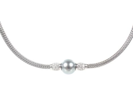 A Mikimoto 18ct white gold, grey cultured-pearl and diamond necklace. The front designed as a single 10.3mm diameter grey cul