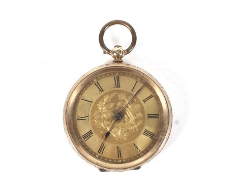 A Swiss '14K' open face fob watch, with a 9ct gold bar. The 33mm diameter fob watch with a floral centre and engine-turned ch