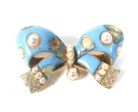 A Victorian gold, turquoise enamel and half-pearl bow brooch. The ribbon tied bow with half-pearl details, diaper engraved te