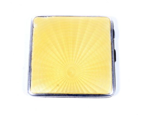 A silver and yellow guilloche enamelled square cigarette case. The front cover guilloche enamelled in a sun-burst design, the