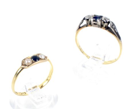 Two gold and gem set rings. Comprising a Victorian 22ct gold, round mixed-cut very-dark-blue sapphire (probably a later repla