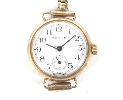 Zenith, a lady's 9ct gold round bracelet watch, circa 1973. The white enamelled dial with black Arabic numerals and a subsidi