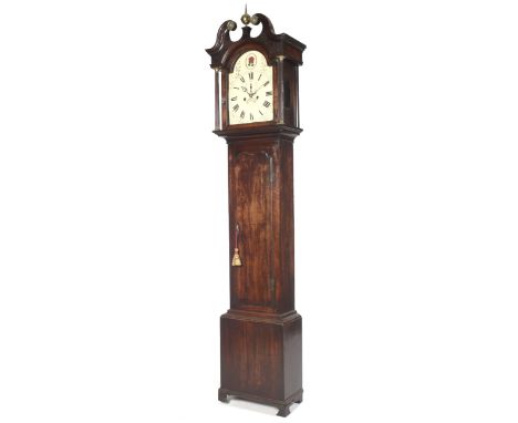 An early 19th century 8 day 30cm break arch long case clock. With mahogany casing, swan pediment, long trunk door 227cm high 