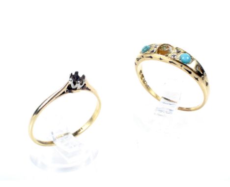 Two gold rings. Comprising; an early 20th century 18ct gold, turquoise and diamond gypsy ring (lacking a centre stone), hallm