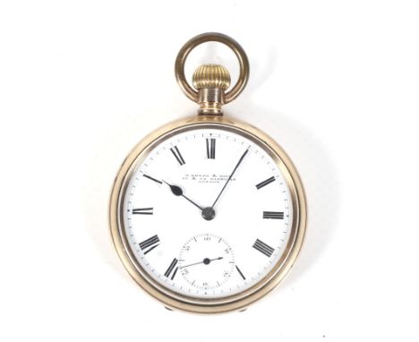 W Bryer & Sons, 53 & 54 Barbican, London, an early 20th century gold-plated open-face keyless pocket watch. The white enamel 