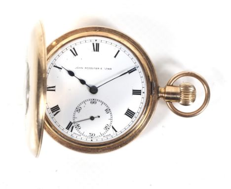 An early 20th century 9ct gold half-hunter cased keyless pocket watch. The white enamel dial with black Roman numerals, blued