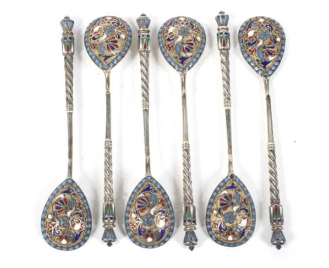 A set of six early 20th century Russian parcel gilt and cloisonne enamelled coffee spoons. Each bowl back polychrome decorate