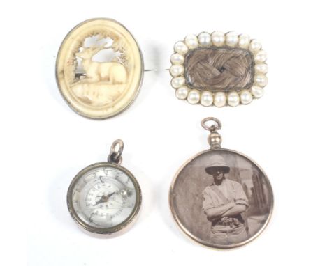 A small collection of early 19th century and later jewellery including a late George III gold and half-pearl oblong mourning 