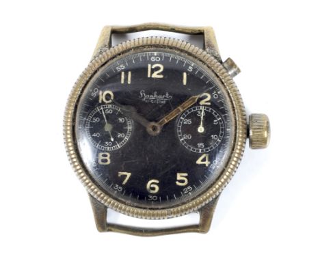 Hanhart, a WWII German pilot's wrist watch, No. 111794. The black dial with luminous skeleton Arabic numerals, and two subsid