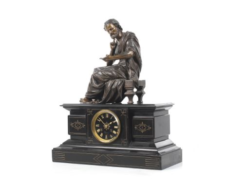 A 19th century black slate mantle clock. Surmounted by a patented spelter figure of the Greek philosopher, E.Doriot, over an 