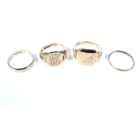 Four 9ct gold rings. Comprising; an oblong signet ring engraved with script initials, hallmarks for Birmingham 1971, size Q, 