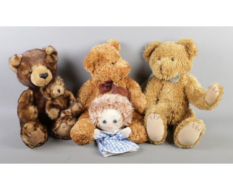 Three teddy bears and a Merrythought hand puppet. Including Harrods example, etc.  