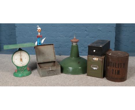 A quantity of mixed metalwares, to include painted enamel ceiling shade, metal filing drawers and salter scales etc.  Chips t