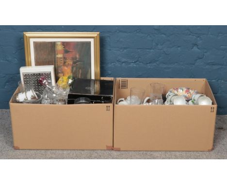 Two boxes or assorted items, to include cut glass, boxed Walther Glas plates, vintage table lighters, ceramics etc.  