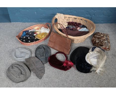 Two baskets of assorted vintage items. To include a Harris Tweed gent's hat, a Waldy leather bag and a Rugby Casquette flat c
