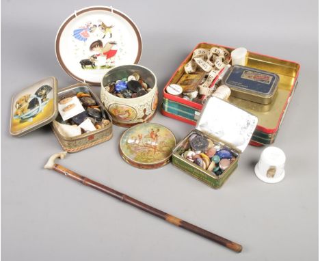 A quantity of miscellaneous. To include vintage tins with buttons, Doverstone 'Heather' plate, Wedgwood Beatrix Potter egg cu