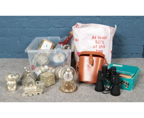 Two boxes of miscellaneous. To include Prismatic Binoculars, Kundo torsion clock, vintage camera's etc  