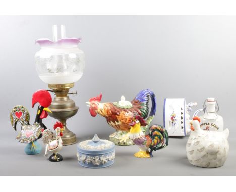 A quantity of miscellaneous. To include Wedgwood Jasperware trinket, vintage brass oil lamp with glass shade, decorative chic