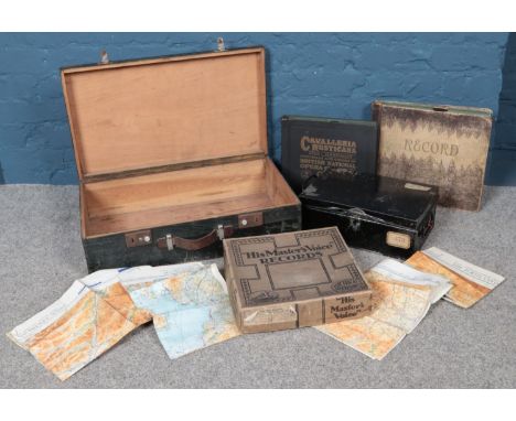 A quantity of miscellaneous. To include vintage wooden suitcase, cased records, RAF topographical maps of Scotland.  