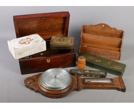 A collection of mainly treen. Includes barometer, boxes, letter rack etc.  