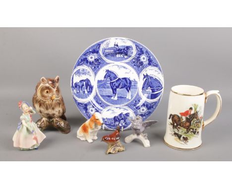 A small collection of assorted ceramics, to include Beswick wren, Sadler hunting scene tankard and Royal Doulton 'Babie'.  