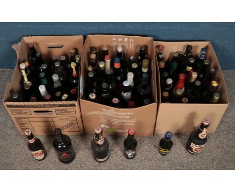 Three boxes of bottled alcohol. To include Vintage Budweiser, Bass, McEwan's, Altenmunster, Guinness etc.  