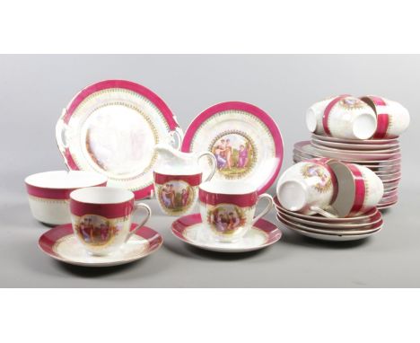 A German porcelain tea set, decorated with neo-classical figures in Angelica Kauffmann style. To include cups/saucers, plates