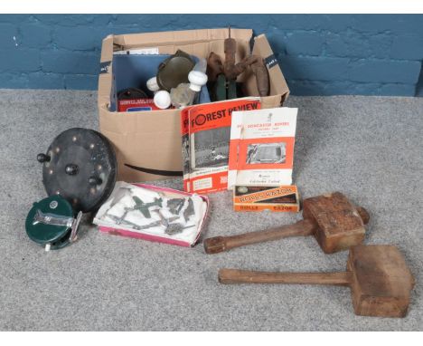 A box of miscellaneous. To include vintage lead toys, cased flatware, fishing reels etc  